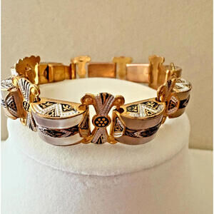 Vintage Damascene Lucite Gold Tone Black Silver Panel Link Bracelet 7.5"